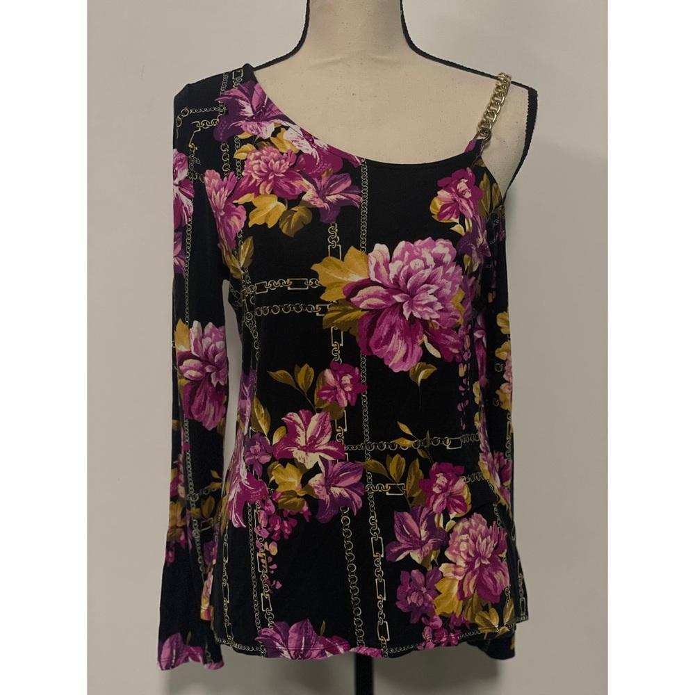 Thalia Sodi Cold Shoulder Floral Blouse Black & Pink Size M